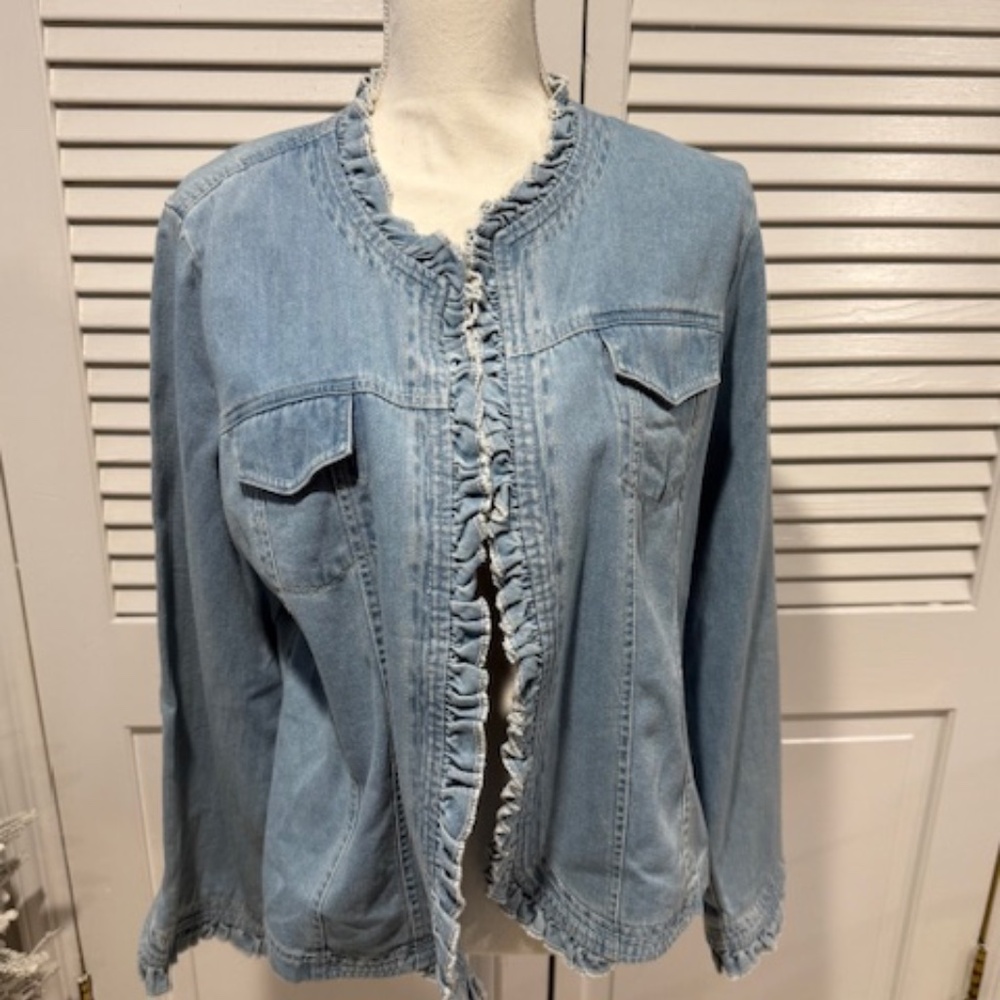 Cynthia Max Open Jean Jacket Blazer with Ruffle Trim